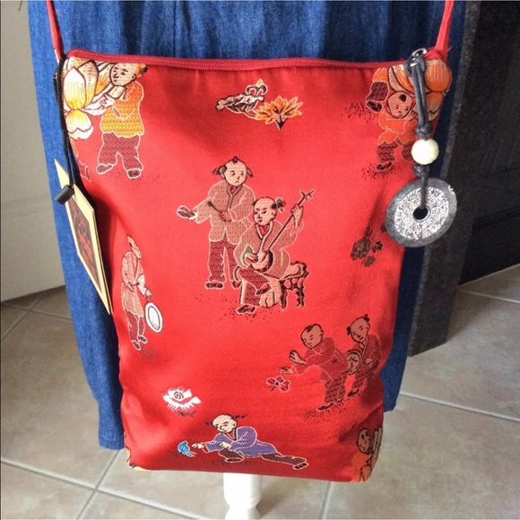 LAST 1! 100% Silk Crossbody Bag Red Asian Men Big Sky Shanghai Purse Coin Charm - Picture 2 of 8